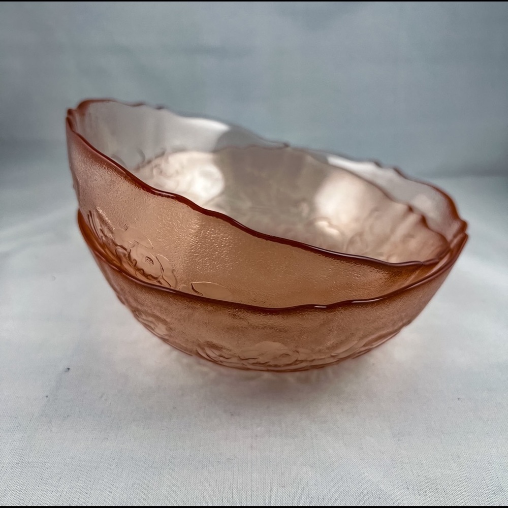 Set of Two Vintage Pink Glass French Arcoroc Rosaline Frosted Floral Salad Bowls